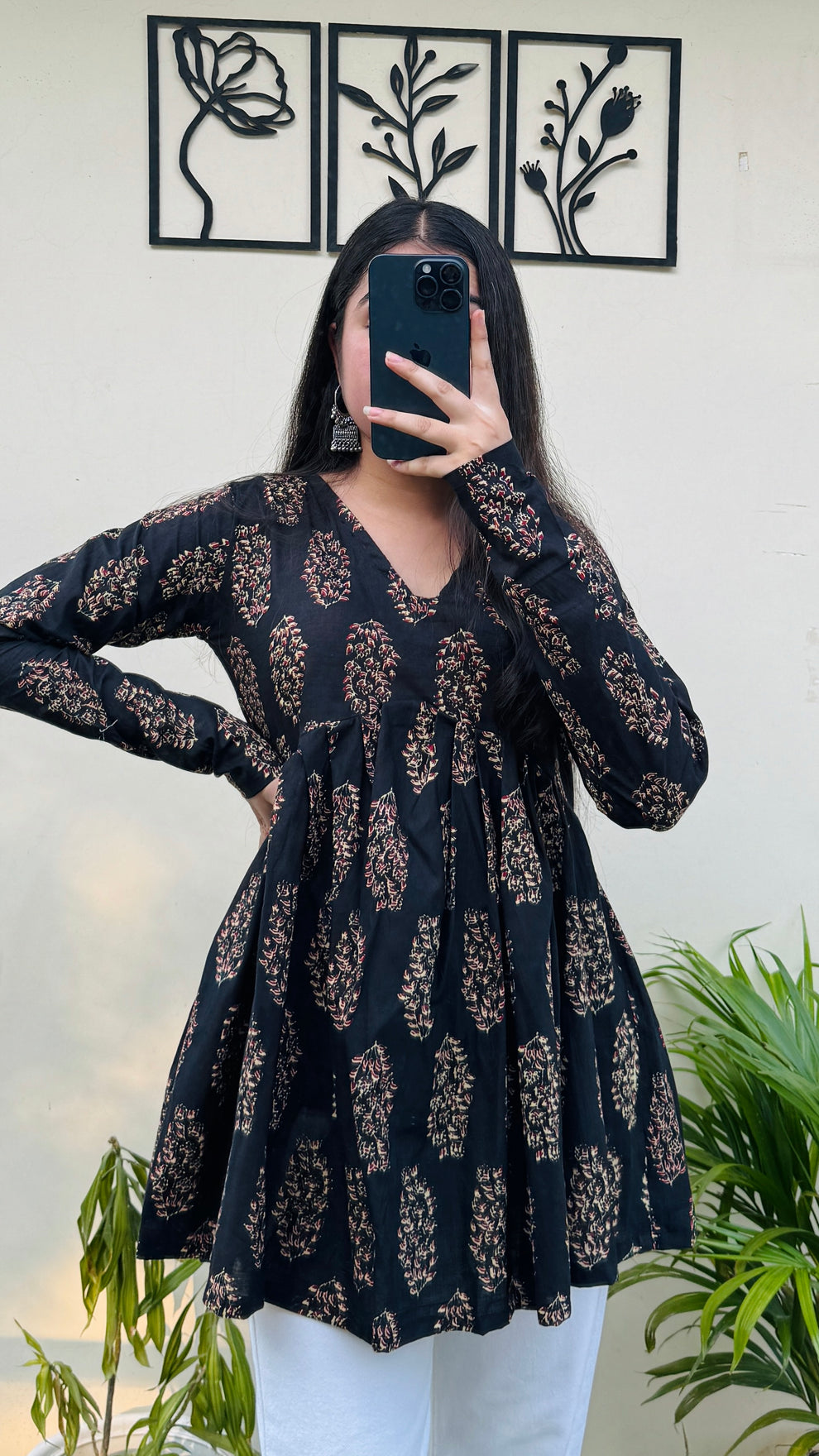 Cotton Flared Black Aliacut Ajrakh Print Peplum Top