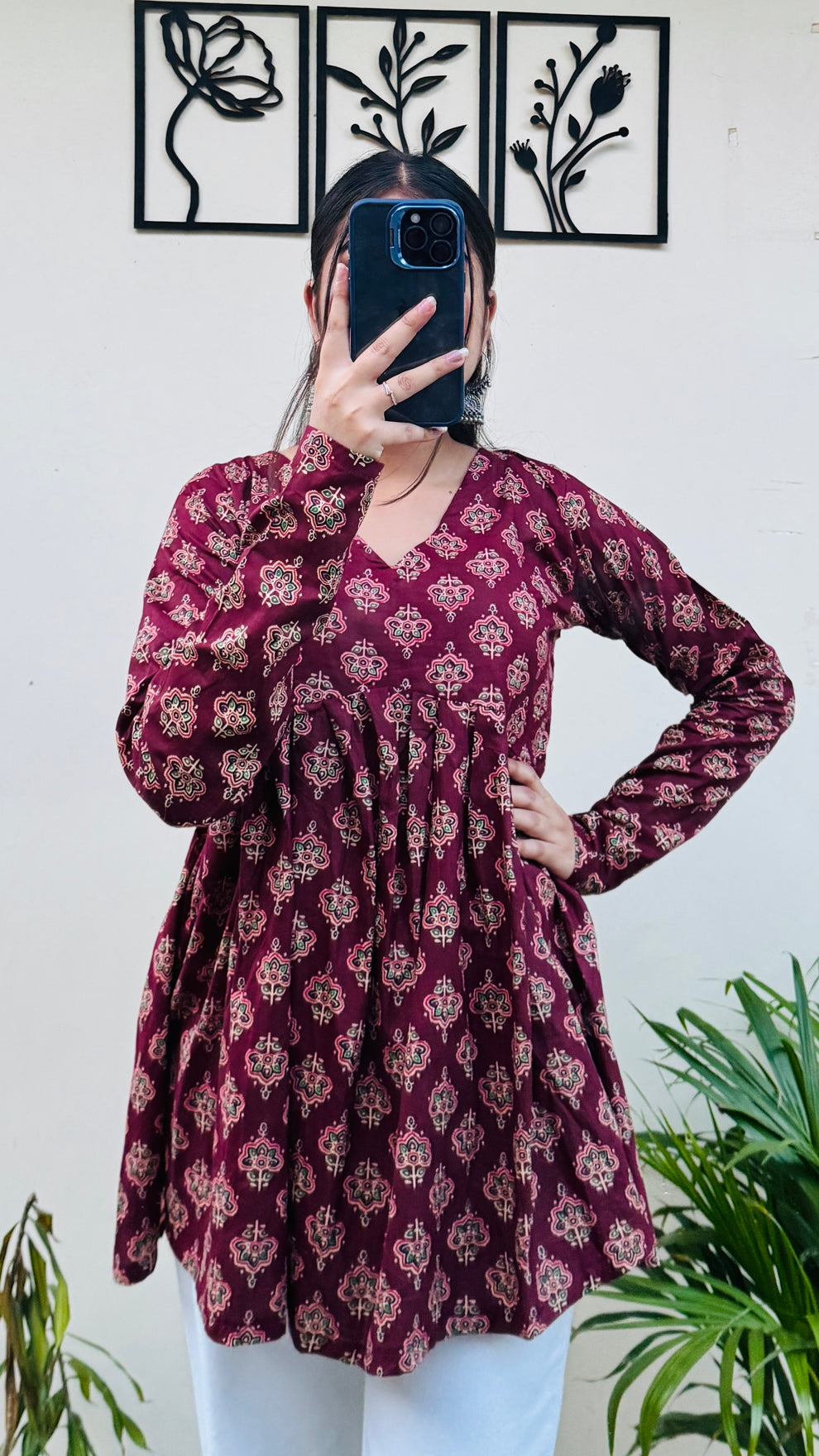Cotton Flared Maroon Aliacut Ajarakh Print Peplum Top