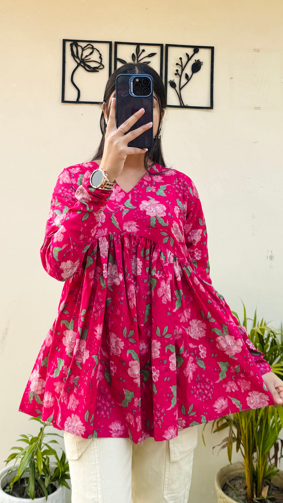 Cotton Pink Flared Floral Print Aliacut Peplum Top