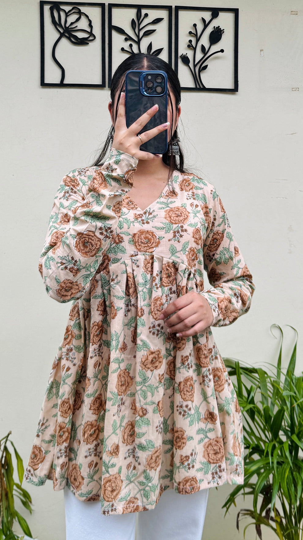 Cotton Flared Beige Aliacut Floral Print Peplum Top