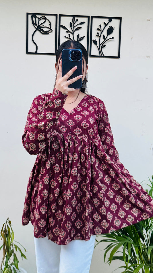 Cotton Flared Maroon Aliacut Ajarakh Print Peplum Top
