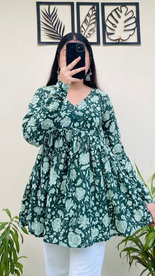 Cotton Flared Olive Green Printed Aliacut Peplum Top
