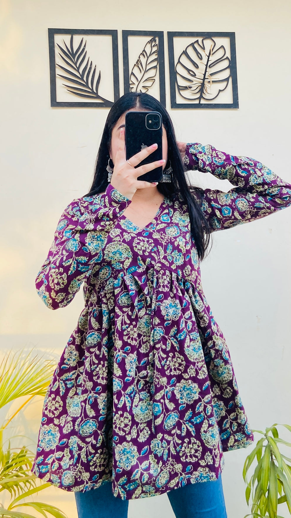 Cotton Wine Flared Floral Print Aliacut Peplum Top