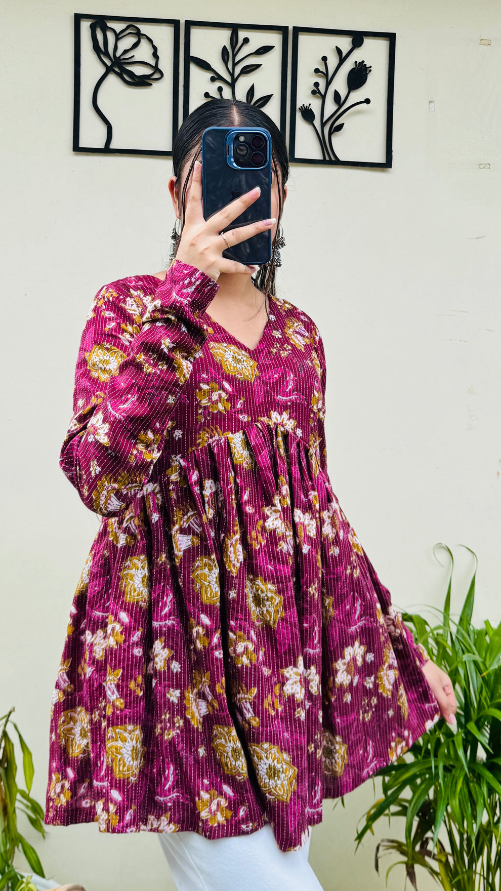 Cotton Katha Flared Wine Aliacut Floral Print Peplum Top