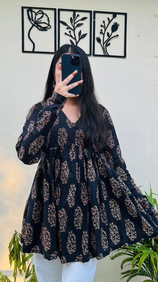 Cotton Flared Black Aliacut Ajrakh Print Peplum Top