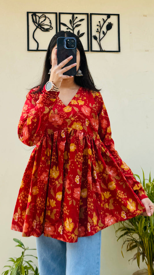 Cotton Flared Aliacut Floral Print Peplum Top