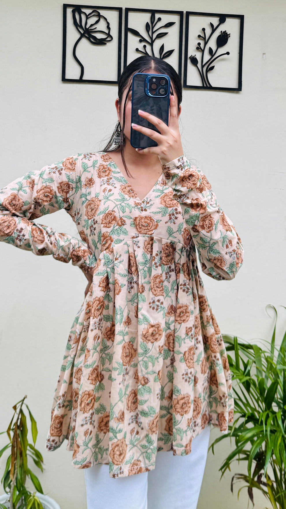 Cotton Flared Beige Aliacut Floral Print Peplum Top