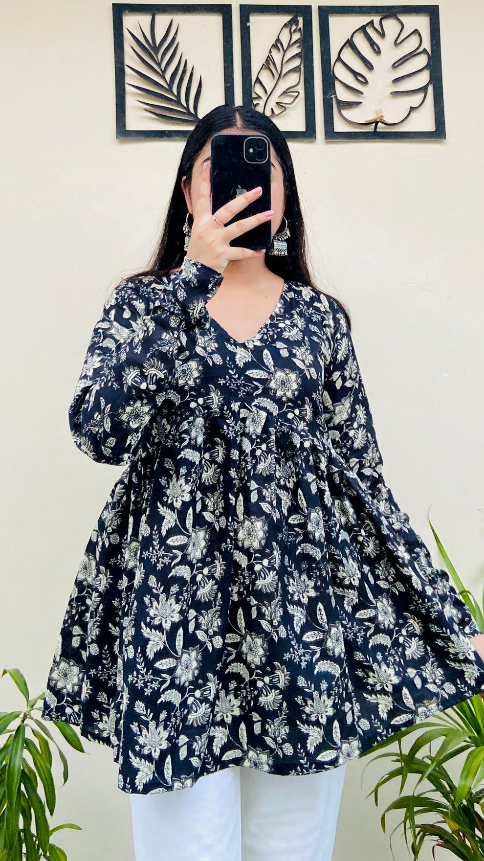 Cotton Flared Black Floral Print Aliacut Peplum Top
