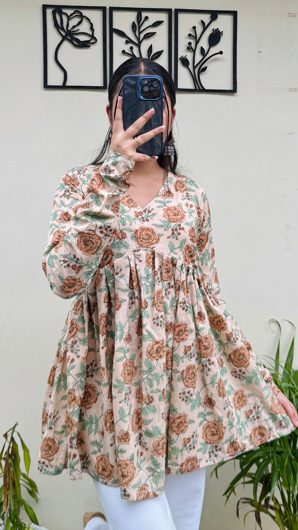 Cotton Flared Beige Aliacut Floral Print Peplum Top