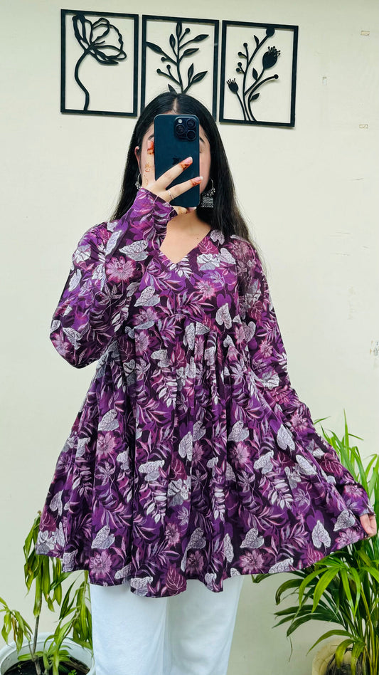 Cotton Wine Flared Floral Print Aliacut Peplum Top
