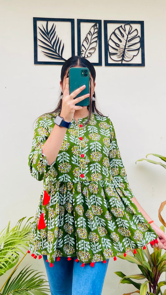 Beautifully Printed Olive Green top