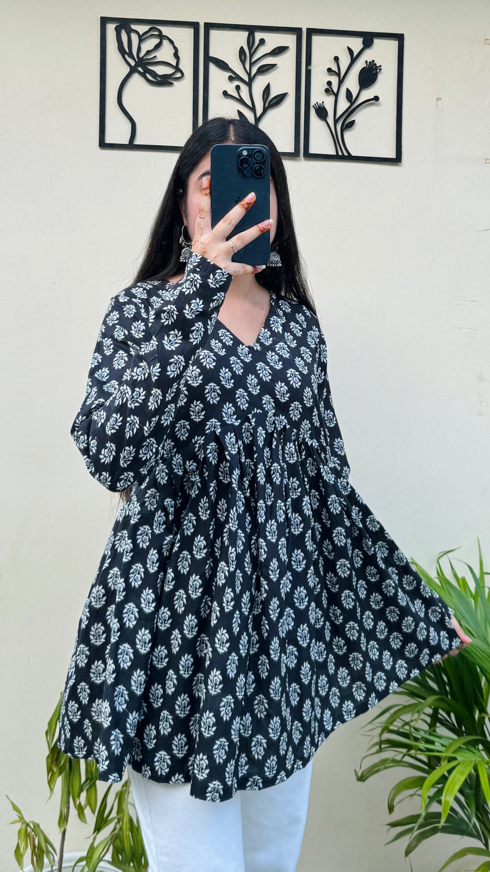 Cotton Black Flared Printed Aliacut Peplum Top