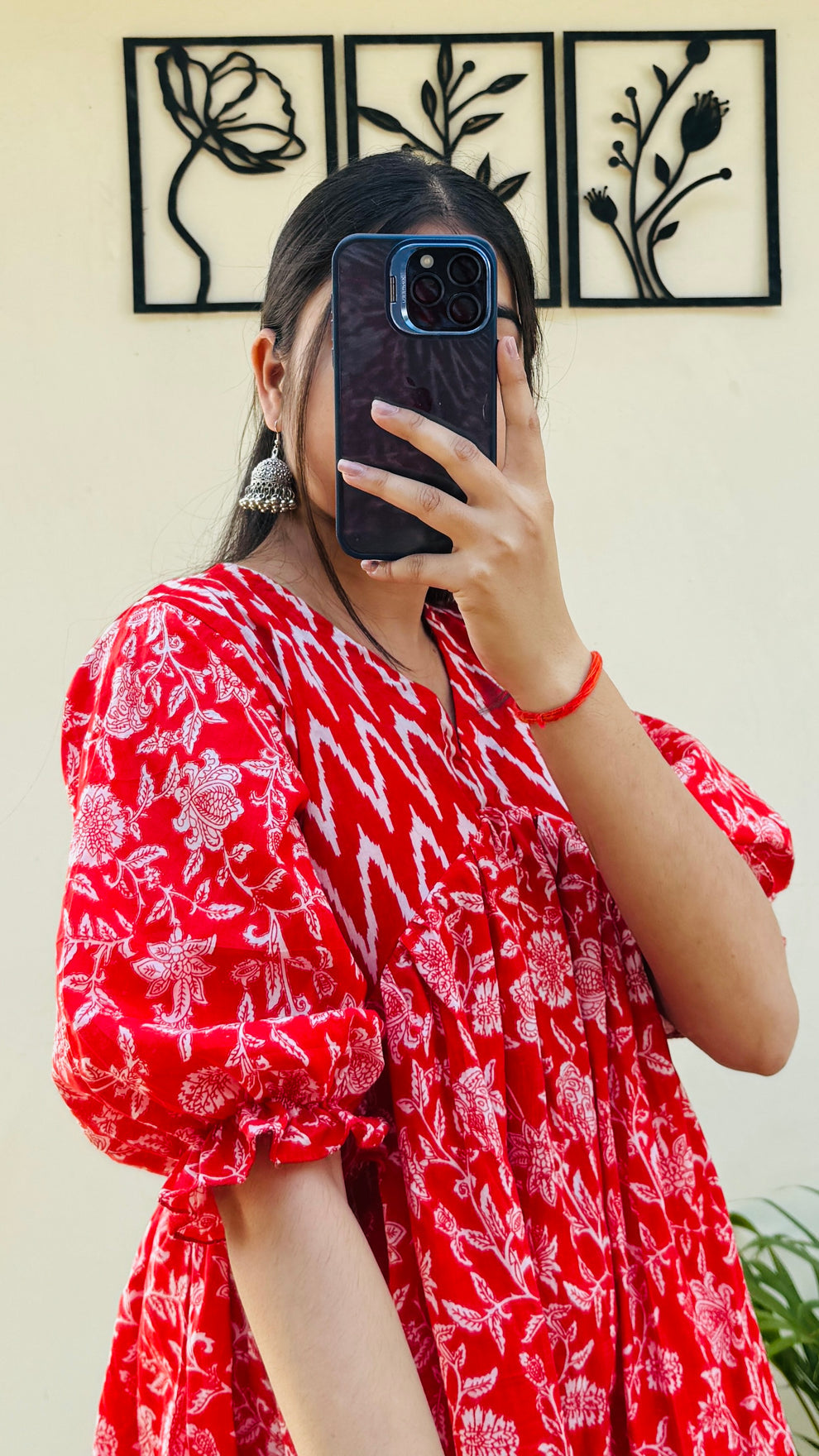 Cotton Flared Puff Sleeves Red Aliacut Floral Print Peplum Top