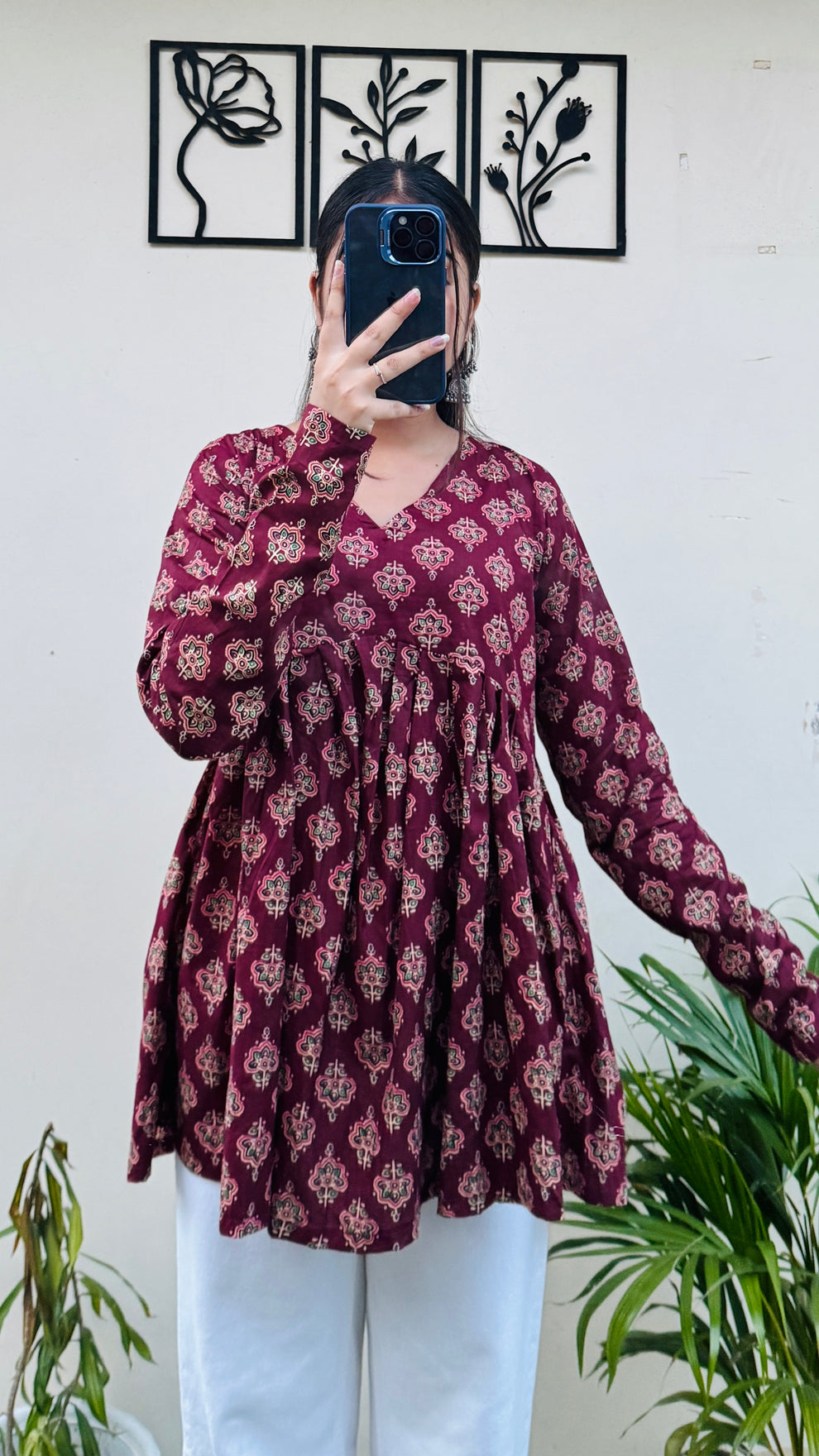 Cotton Flared Maroon Aliacut Ajarakh Print Peplum Top
