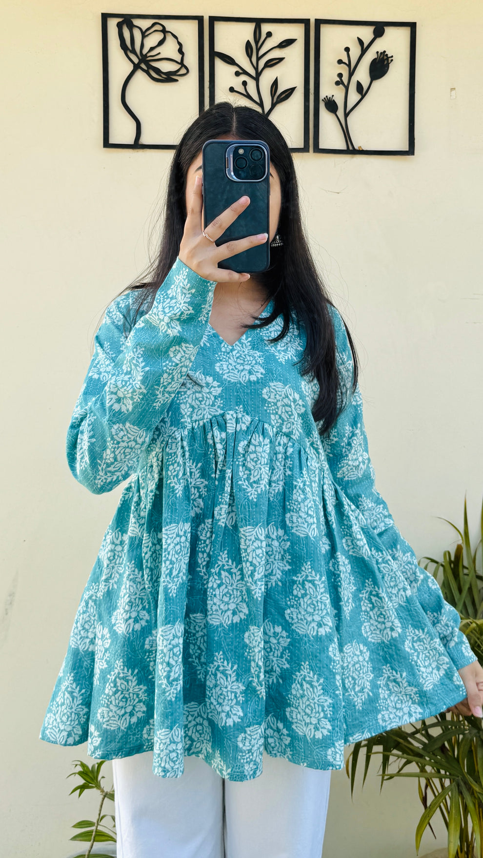 Katha Cotton Blue Flared Floral Print Aliacut Peplum Top