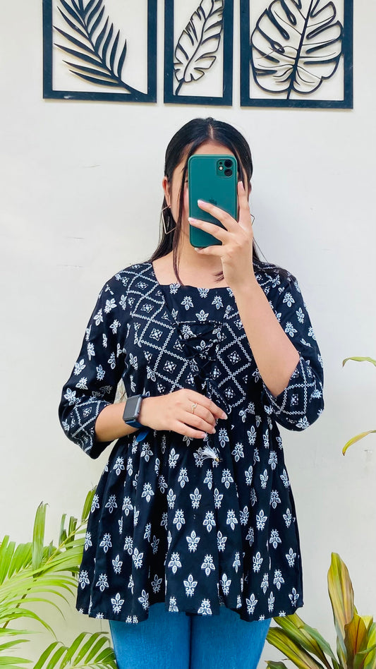Elegant Black Printed Rayon Short Top