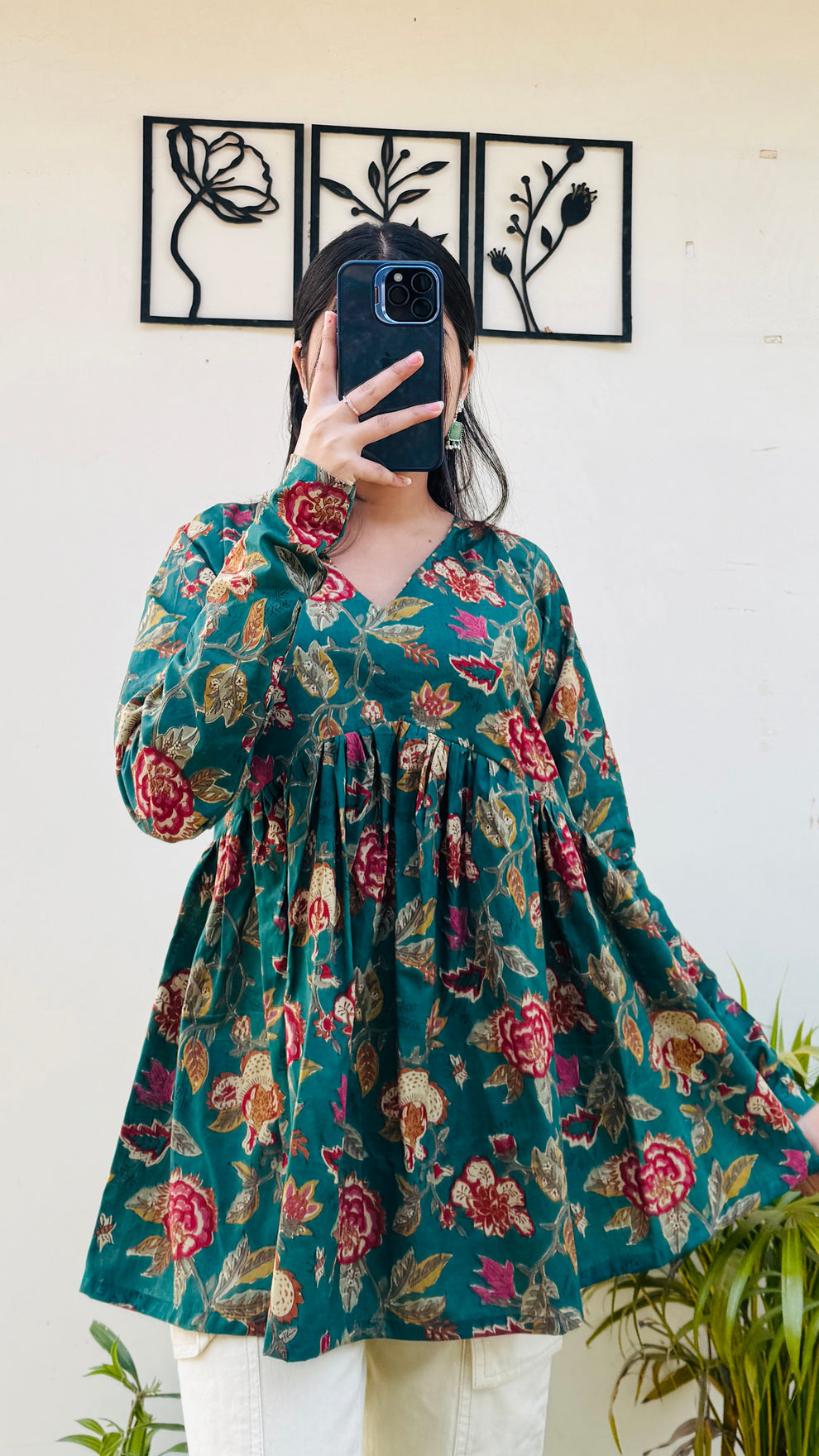 Cotton Flared Bottle Green Aliacut Floral Print Peplum Top