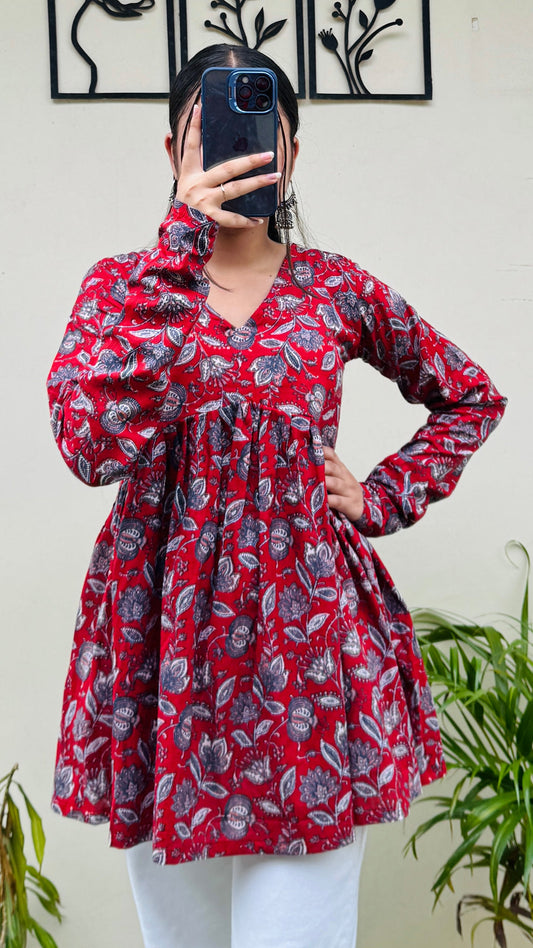 Cotton Flared Red Aliacut Floral Print Peplum Top