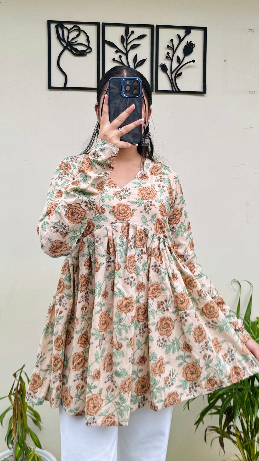 Cotton Flared Beige Aliacut Floral Print Peplum Top