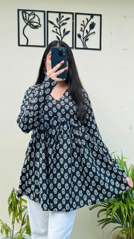 Cotton Black Flared Printed Aliacut Peplum Top