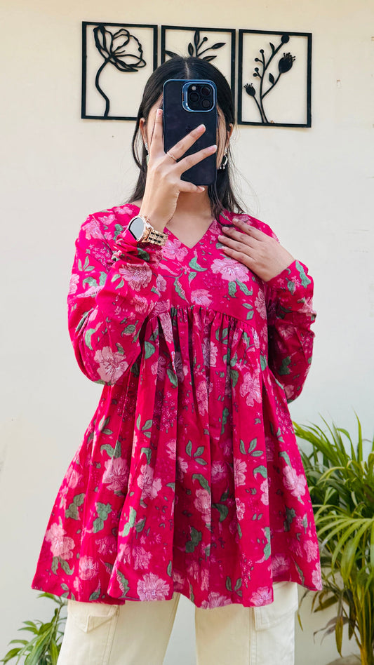 Cotton Pink Flared Floral Print Aliacut Peplum Top