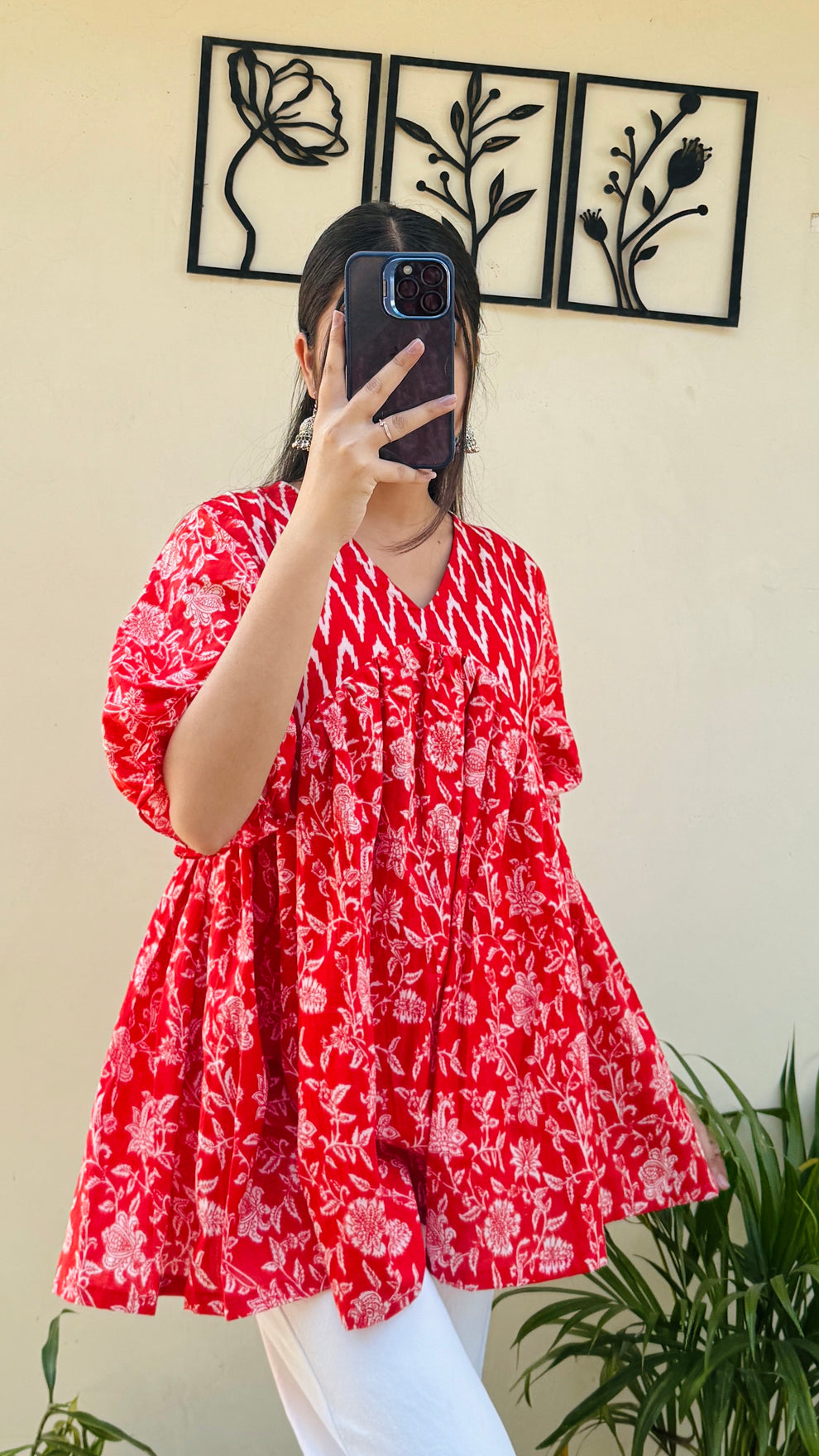 Cotton Flared Puff Sleeves Red Aliacut Floral Print Peplum Top
