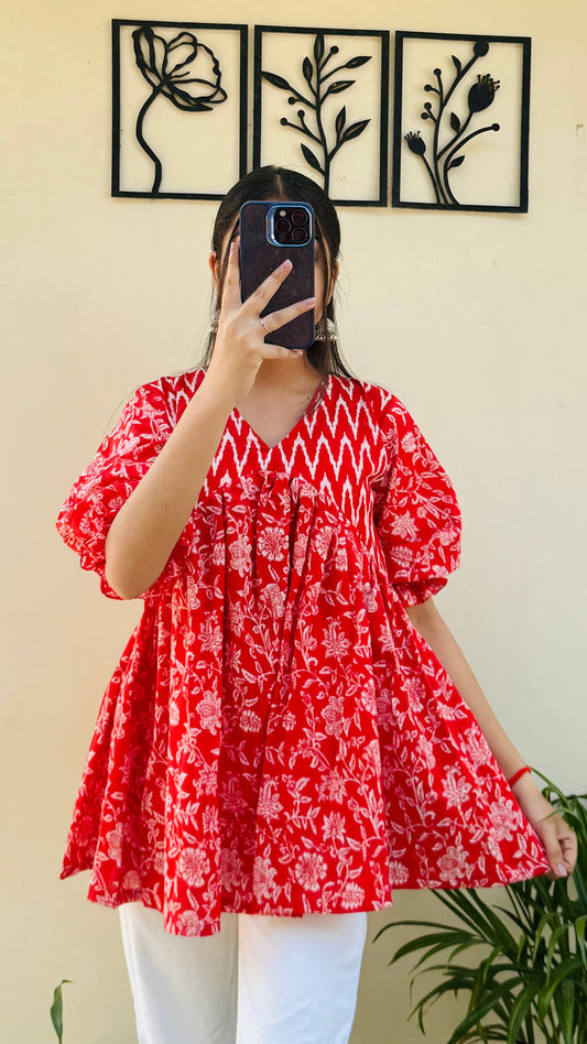 Cotton Flared Puff Sleeves Red Aliacut Floral Print Peplum Top